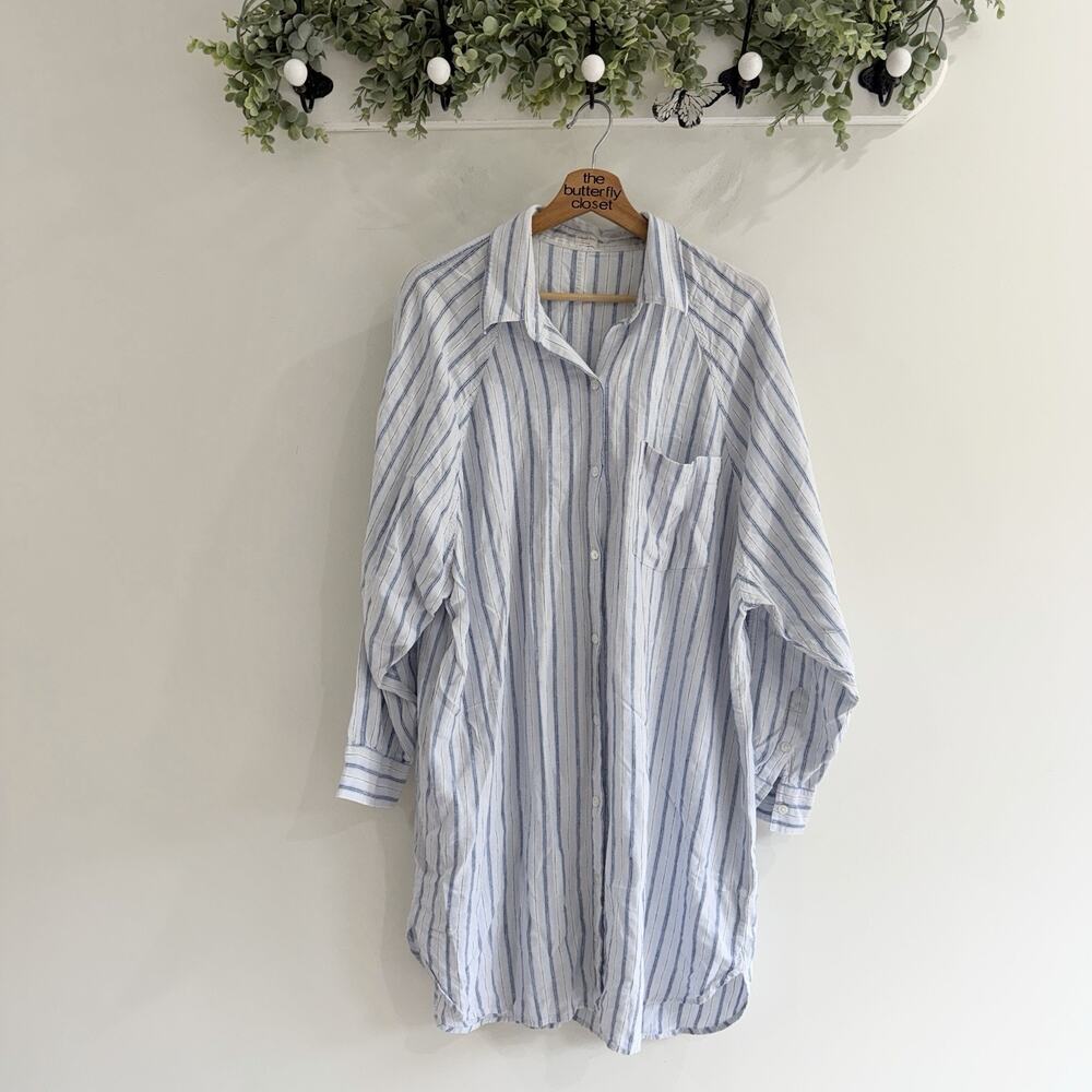 Aritzia Wilfred Free Blue Linen Button Down Long Sleeve Shirt Dress Large CP